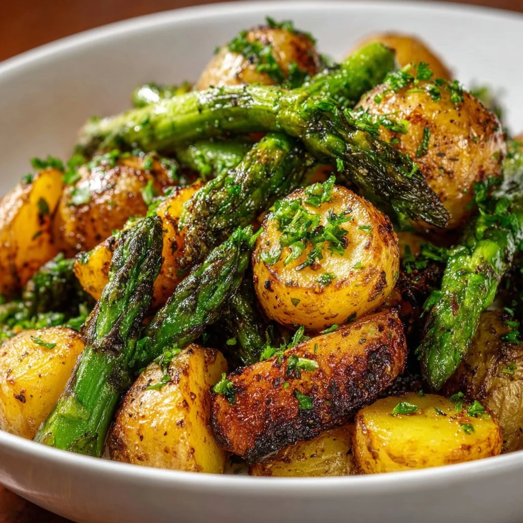 One-pan garlic potatoes and asparagus dish for effortless flavor.