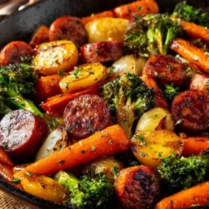 One-Pan Honey Garlic Kielbasa with colorful vegetables