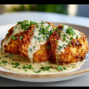 Parmesan Crusted Chicken served with creamy garlic sauce, ideal for family dinners