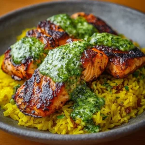 Delicious Peruvian chicken served with rice and vibrant green sauce