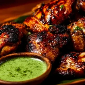 Plate of Peruvian grilled chicken with creamy green sauce and fresh herbs