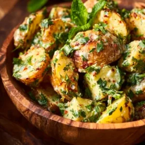 A vibrant roasted potato salad from a homemade recipe with fresh herbs and vegetables