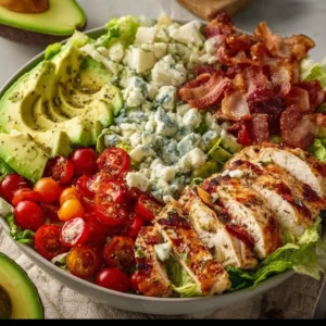 Delicious BLT chicken salad with crispy bacon, lettuce, and tomatoes