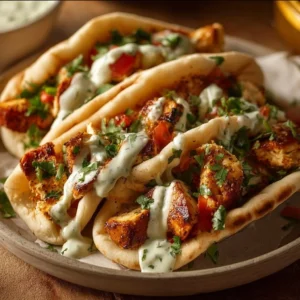Sheet pan chicken pitas with herby ranch dressing and fresh vegetables