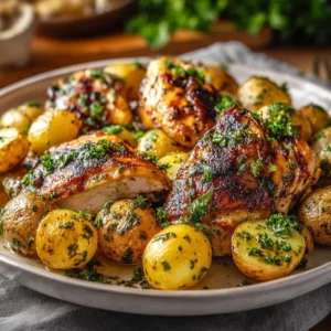 Sheet pan lemon balsamic chicken with roasted potatoes for an easy dinner.
