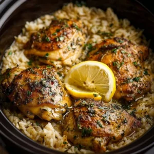 Slow Cooker Lemon Herb Chicken served with rice and fresh herbs