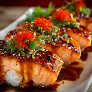 Spicy salmon sushi bake topped with creamy sauce and green onions