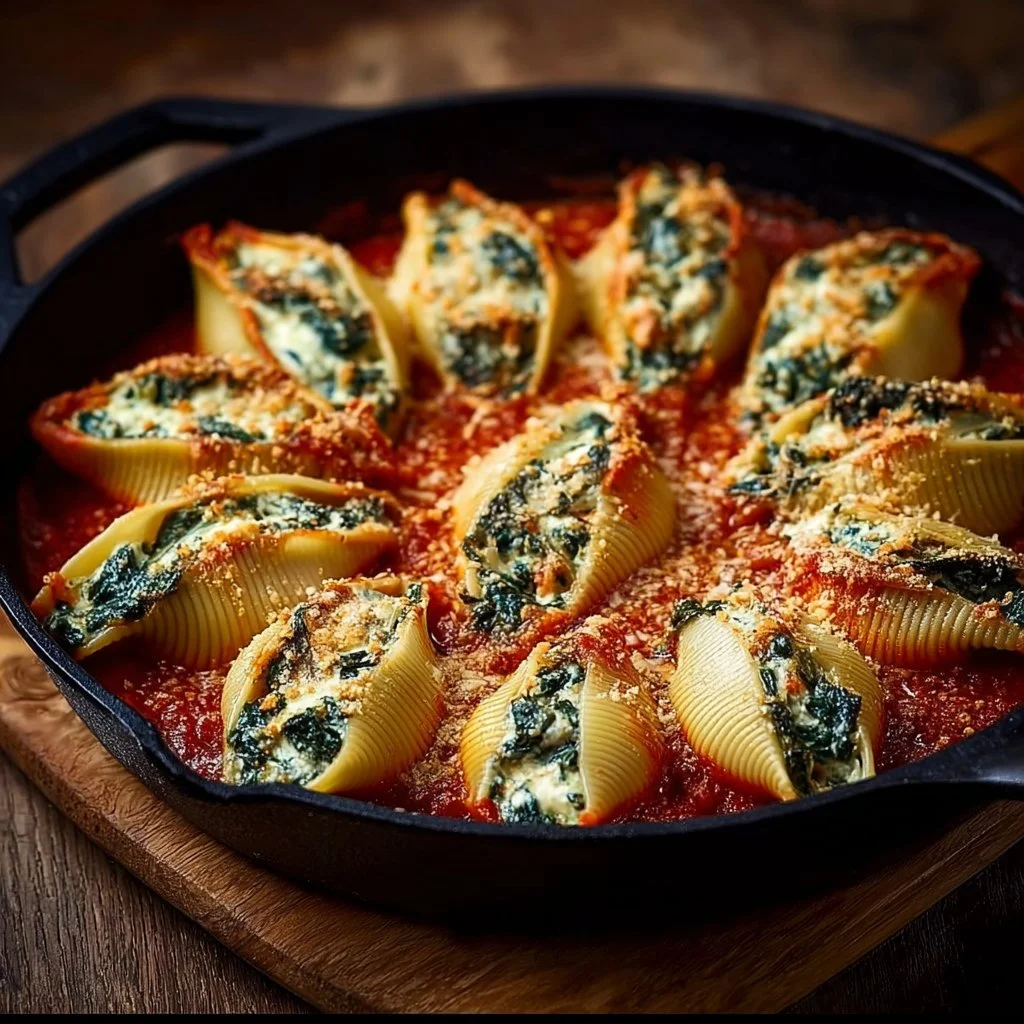 Plate of Spinach and Ricotta Stuffed Shells topped with marinara sauce