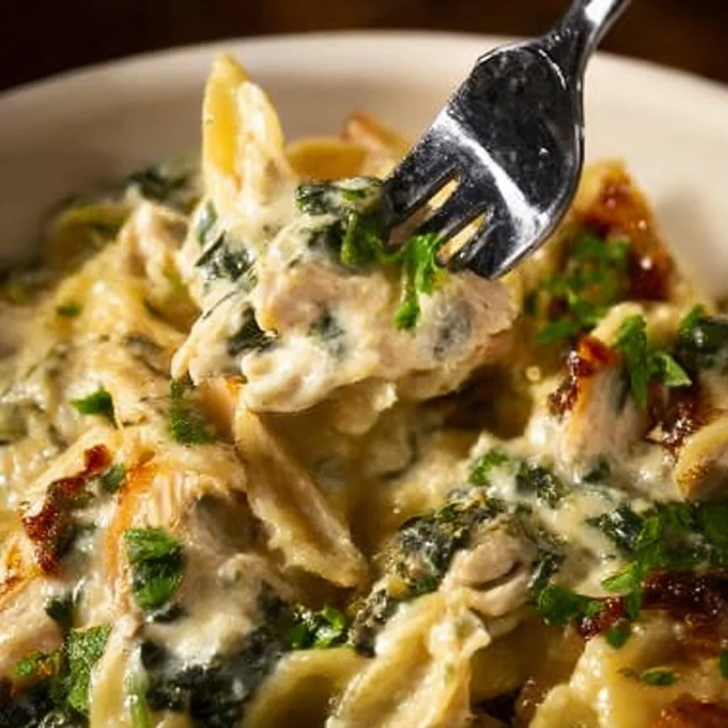 A delicious Spinach Artichoke Chicken Casserole baked and ready to serve.
