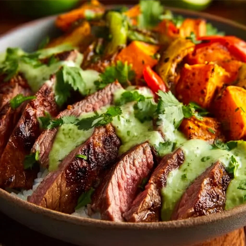 Steak and sweet potato bowls topped with avocado-cilantro drizzle