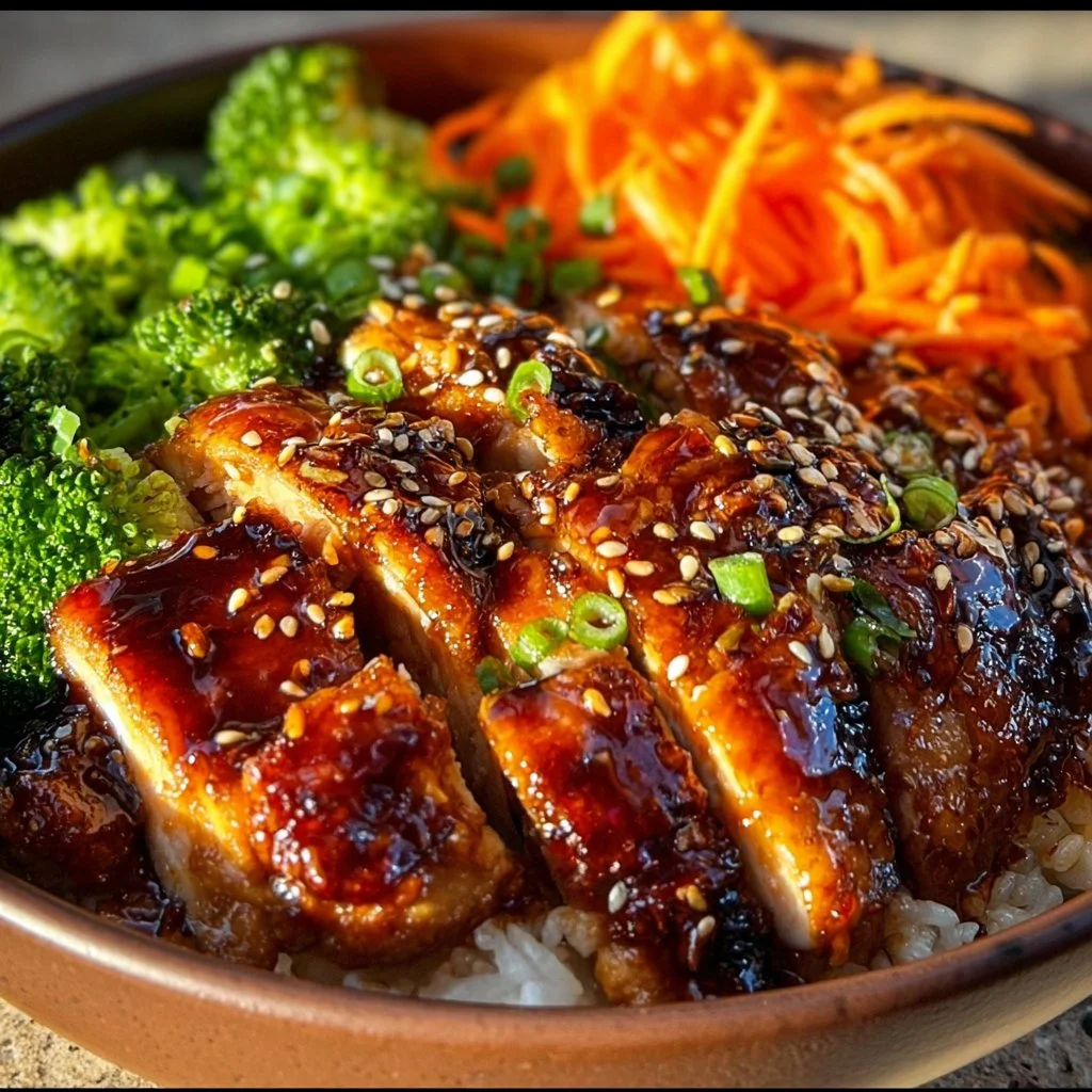 Delicious Sticky Chicken Rice Bowl with fresh ingredients and vibrant colors