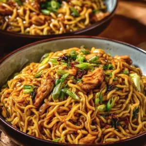 Plate of Sticky Garlic Chicken Noodles garnished with green onions.