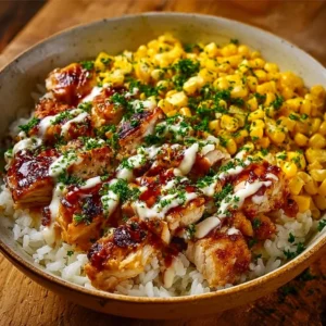Delicious Street Corn Chicken Rice Bowl topped with fresh ingredients