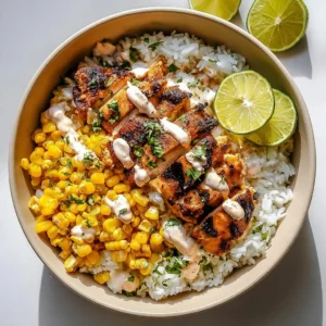 Delicious Street Corn Chicken Rice Bowl garnished with fresh herbs and spices.