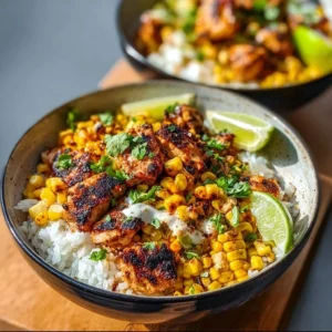Delicious Street Corn Chicken Rice Bowl with tender chicken, fresh corn, and seasoned rice