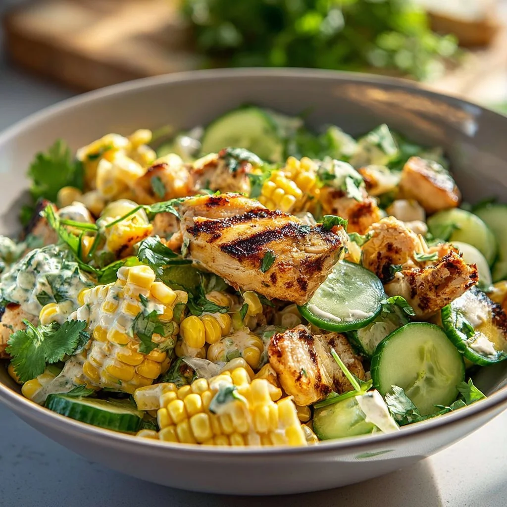Delicious street corn creamy cucumber chicken salad with fresh ingredients