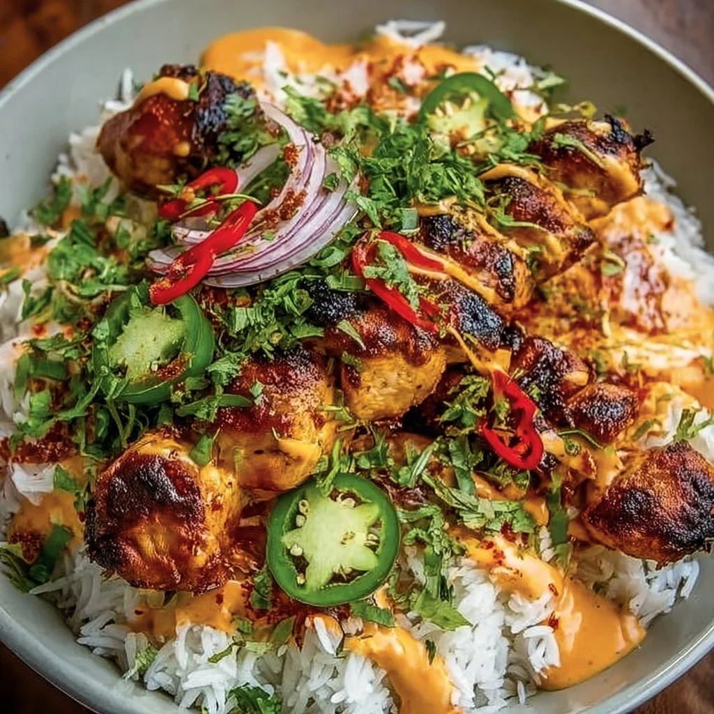 Delicious Sweet Chili Chicken Bowl topped with fresh vegetables