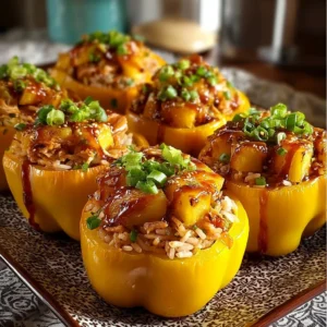 Teriyaki Pineapple Chicken and Rice Stuffed Peppers plated for a vibrant meal