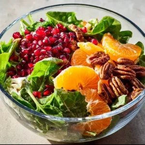 A bowl of colorful winter salad with mixed greens, fruits, and nuts.