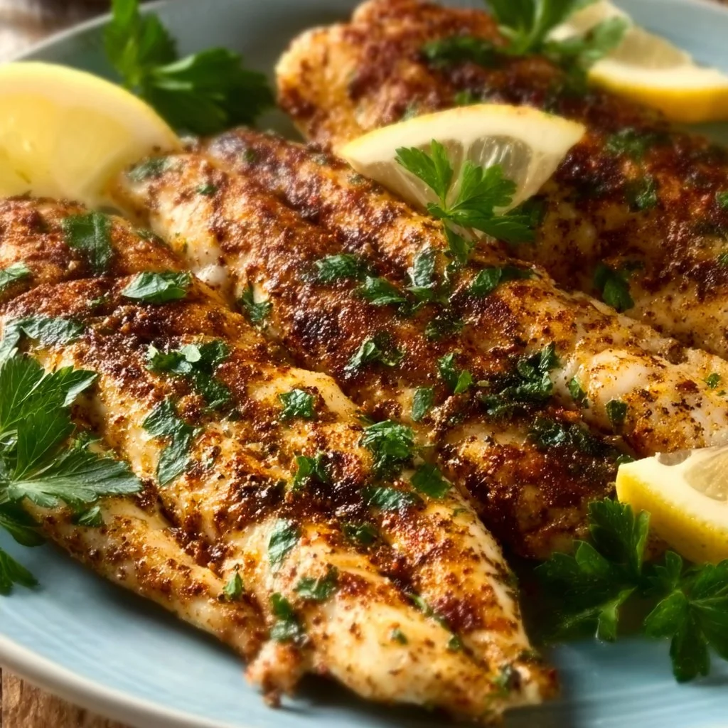 Plate of yogurt marinated chicken garnished with herbs and spices.