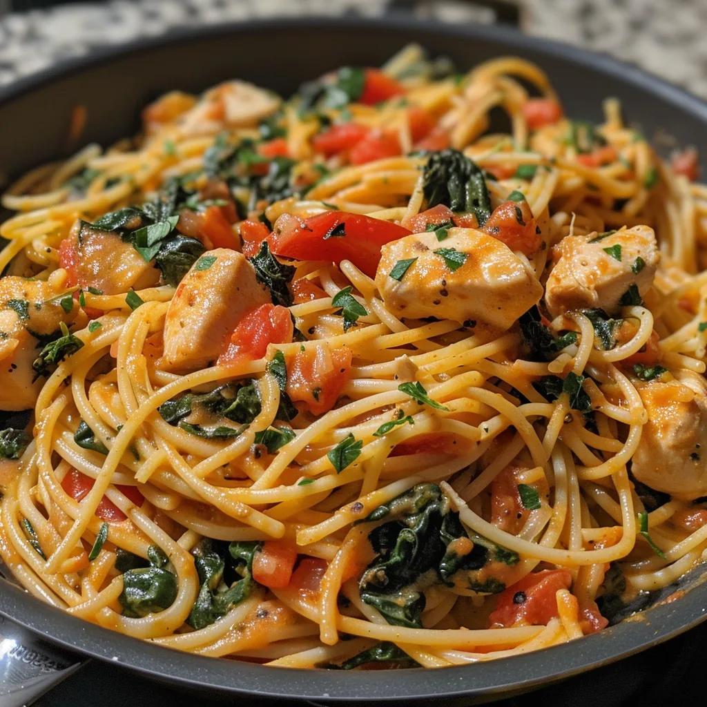 Tomato Spinach Chicken Spaghetti – Creamy, Flavor-Packed & Easy Dinner!