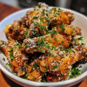 Crispy air fryer garlic parmesan wings garnished with herbs