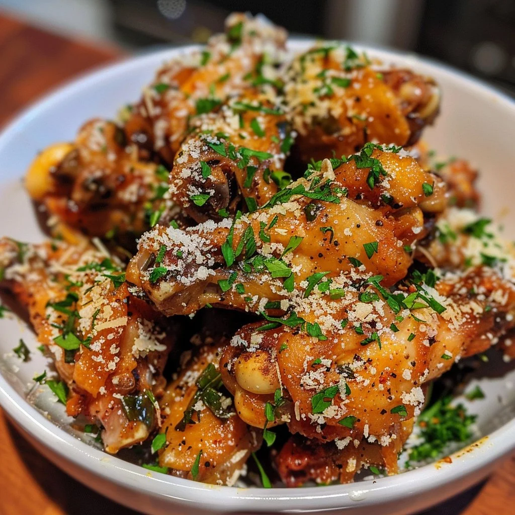 Crispy air fryer garlic parmesan wings garnished with herbs