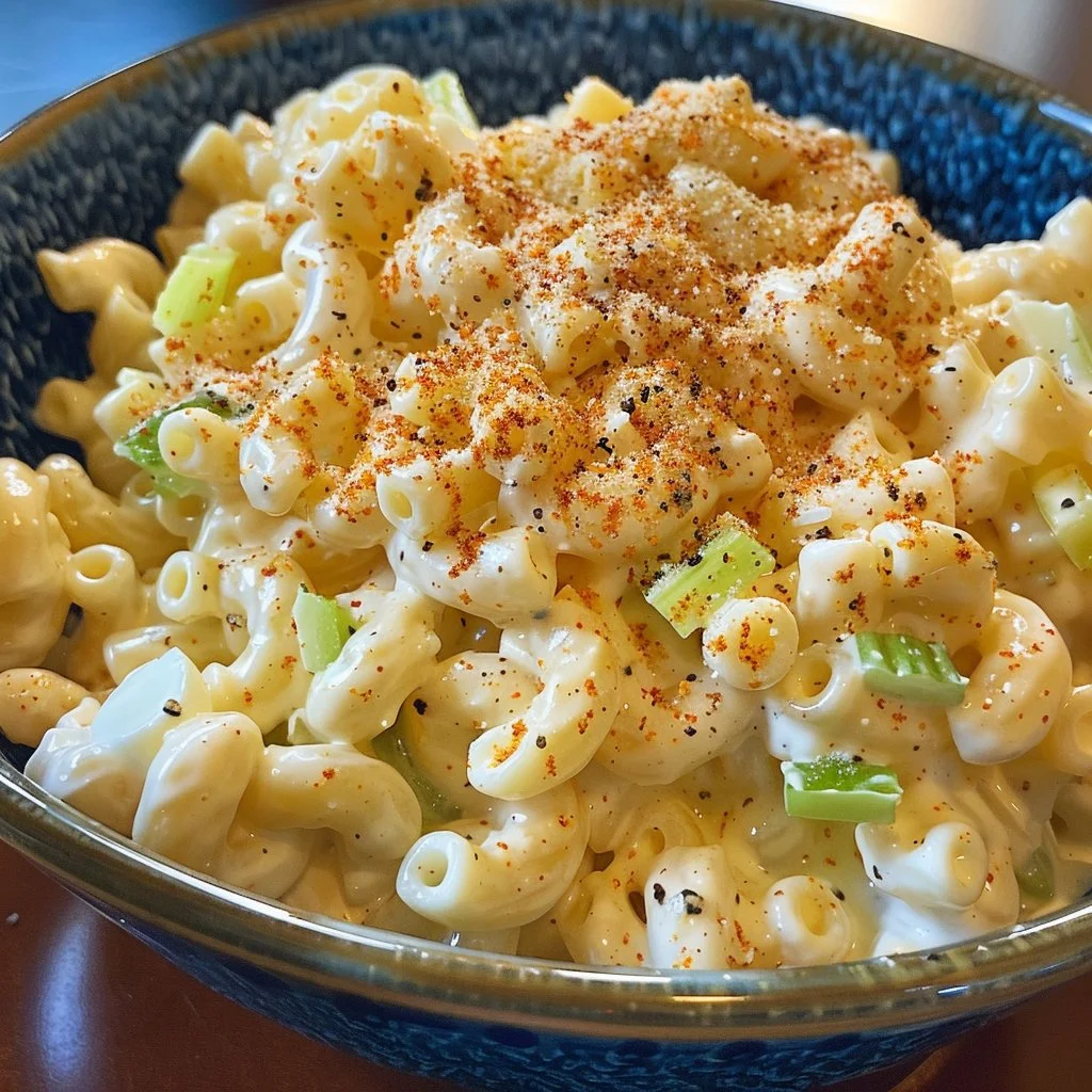 Bowl of delicious Amish Macaroni Salad ready to serve