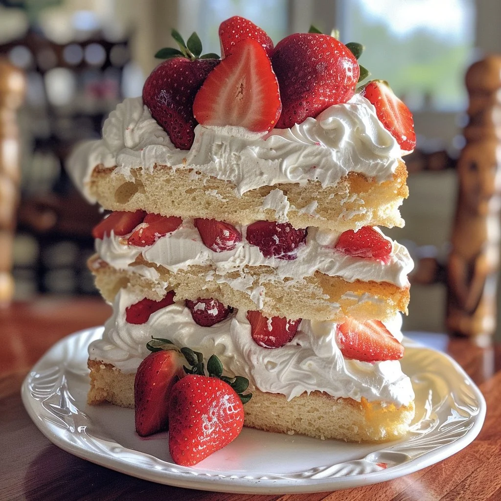 Delicious Angel Food Strawberry Shortcake topped with fresh strawberries