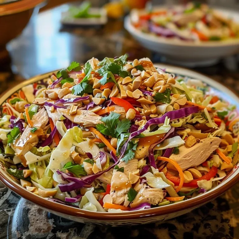 Asian Peanut Chicken Salad with Cabbage served in a bowl.