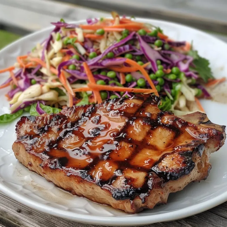 Asian pork chops served with vibrant pea slaw on a plate