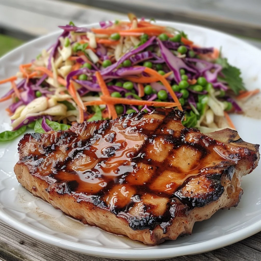 Asian pork chops served with vibrant pea slaw on a plate