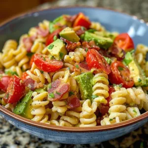 Avocado BLT Pasta Salad with fresh ingredients and creamy dressing