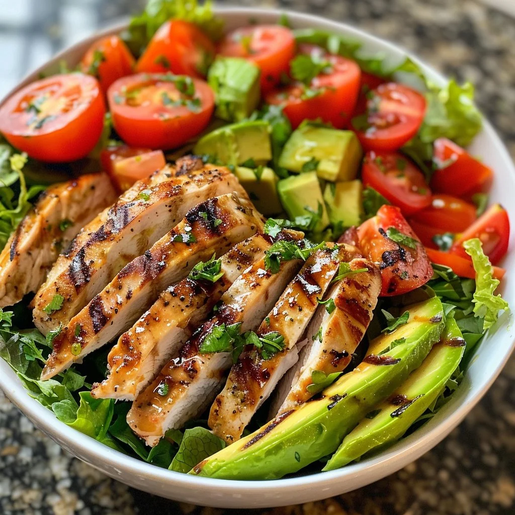 Avocado grilled chicken salad with colorful vegetables and fresh ingredients