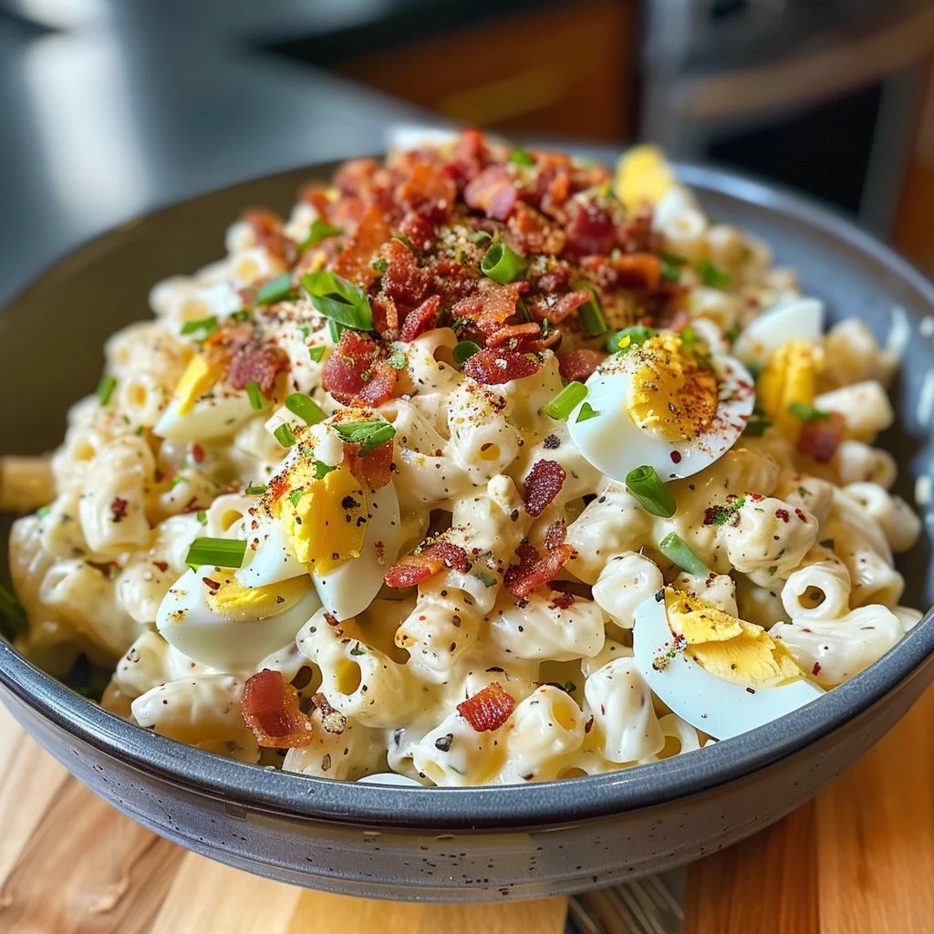 Bacon Deviled Egg Pasta Salad served in a bowl, showcasing creamy texture and garnished with herbs.