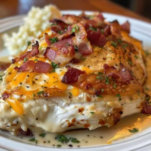 Plate of Bacon Ranch Chicken garnished with fresh herbs