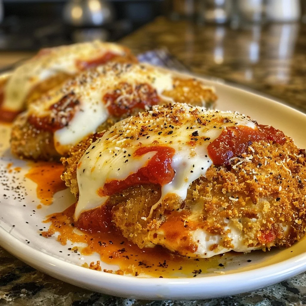 Delicious baked chicken parmesan topped with cheese and marinara sauce
