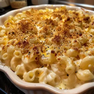 Deliciously baked mac and cheese dish topped with golden breadcrumbs.