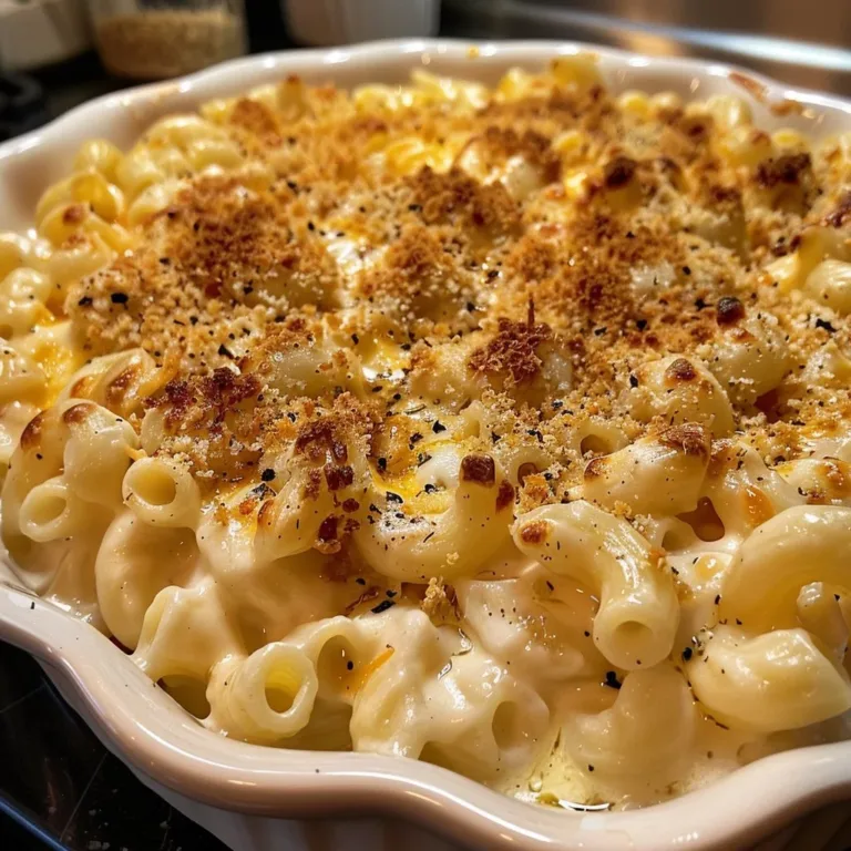Deliciously baked mac and cheese dish topped with golden breadcrumbs.