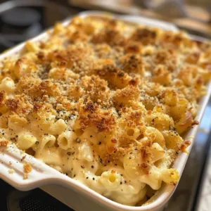 Delicious baked mac and cheese topped with breadcrumbs in a casserole dish