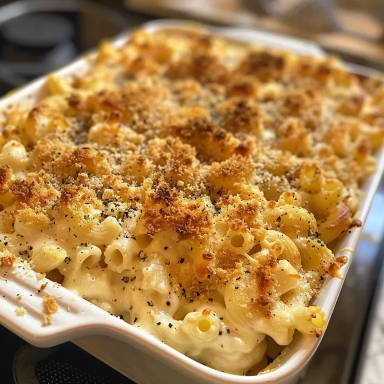 Delicious baked mac and cheese topped with breadcrumbs in a casserole dish