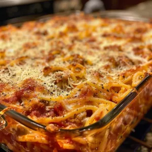 Delicious Baked Spaghetti Casserole topped with cheese and pasta