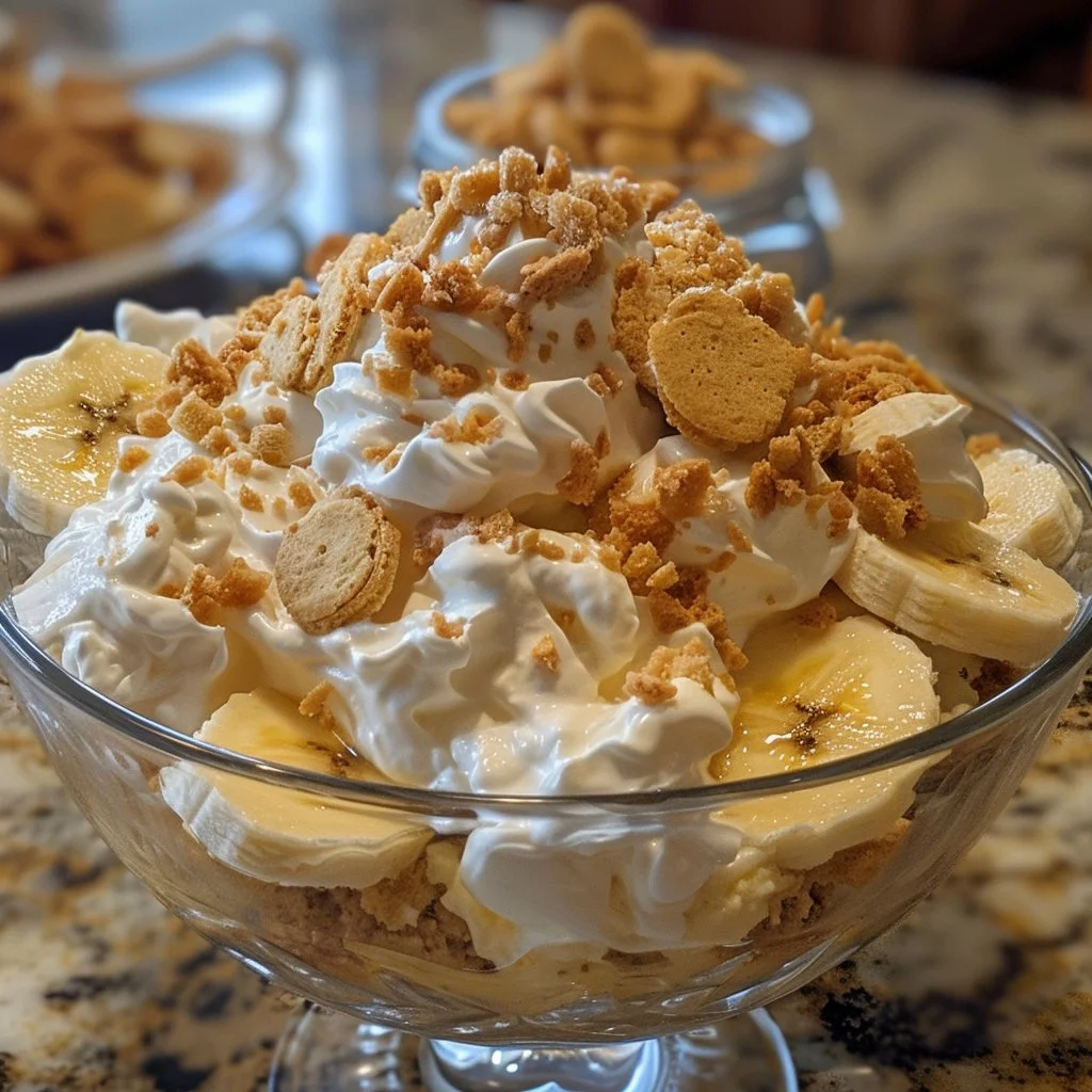Delicious Banana Pudding Fluff Salad in a bowl, topped with bananas and whipped cream