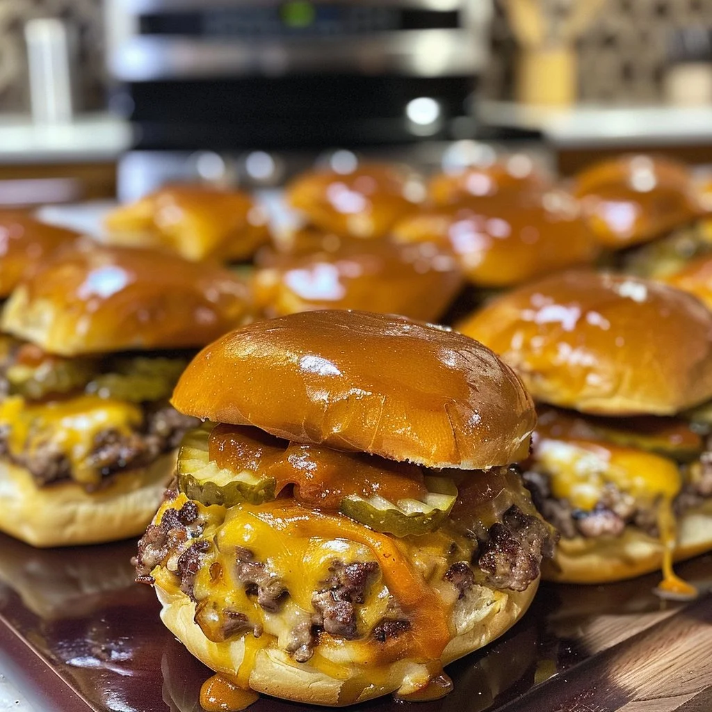 Delicious BBQ cheeseburger sliders topped with melted cheese on a platter