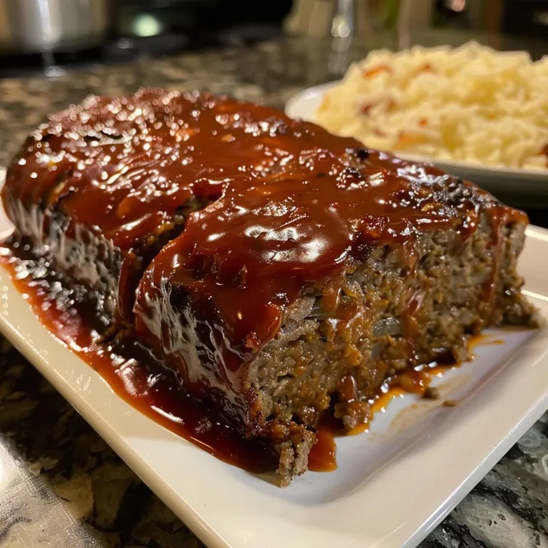 BBQ glazed meatloaf topped with tangy barbecue sauce on a plate