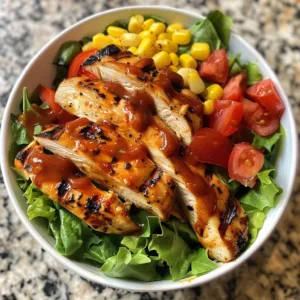 Delicious BBQ Grilled Chicken Salad in a bowl with fresh vegetables and smoky flavor