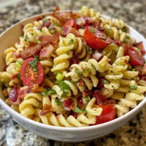 Bowls of BLT Pasta Salad with bacon, lettuce, tomatoes, and creamy dressing