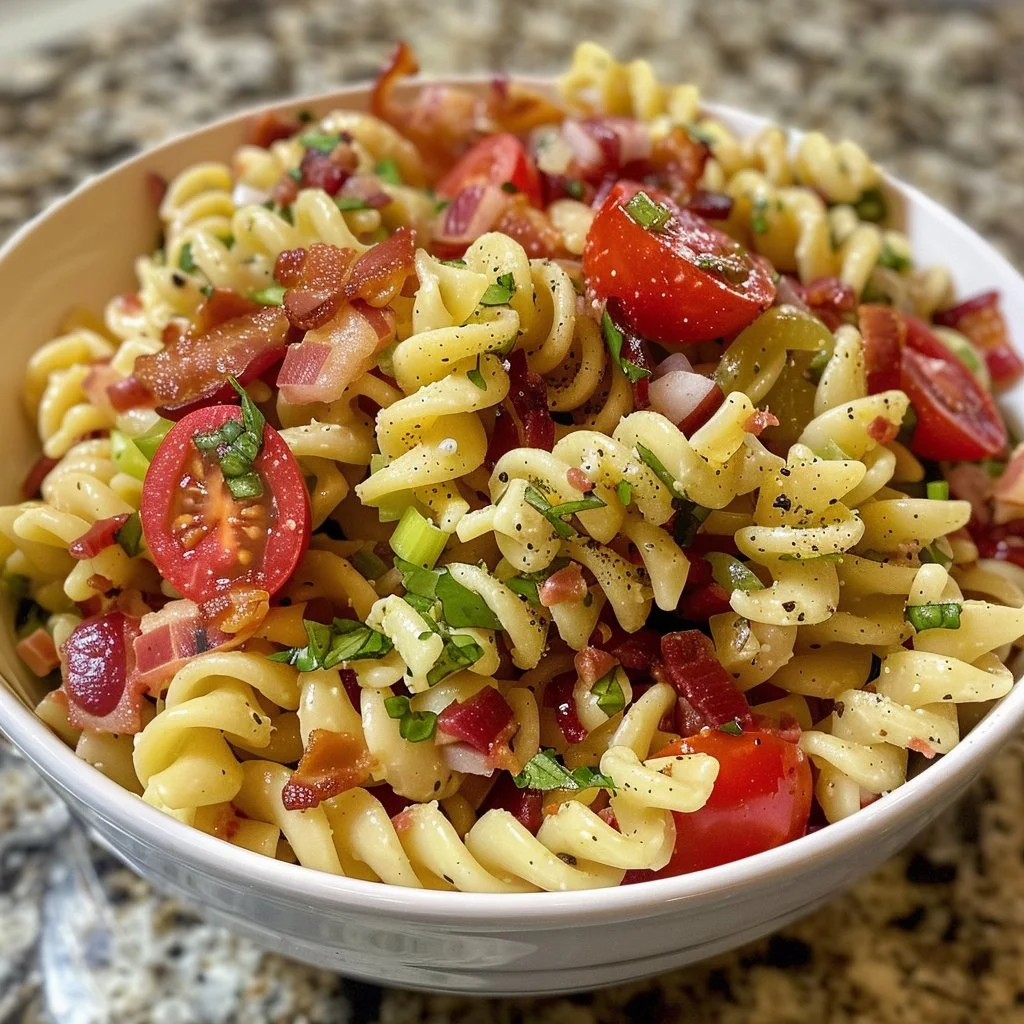 Bowls of BLT Pasta Salad with bacon, lettuce, tomatoes, and creamy dressing