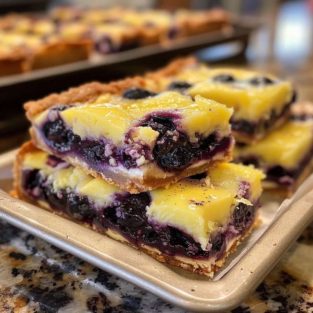 Delicious Blueberry Lemon Bars ready to be served on a plate