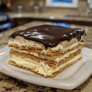 Boston Cream Eclair Cake topped with chocolate glaze and whipped cream in a dessert platter.